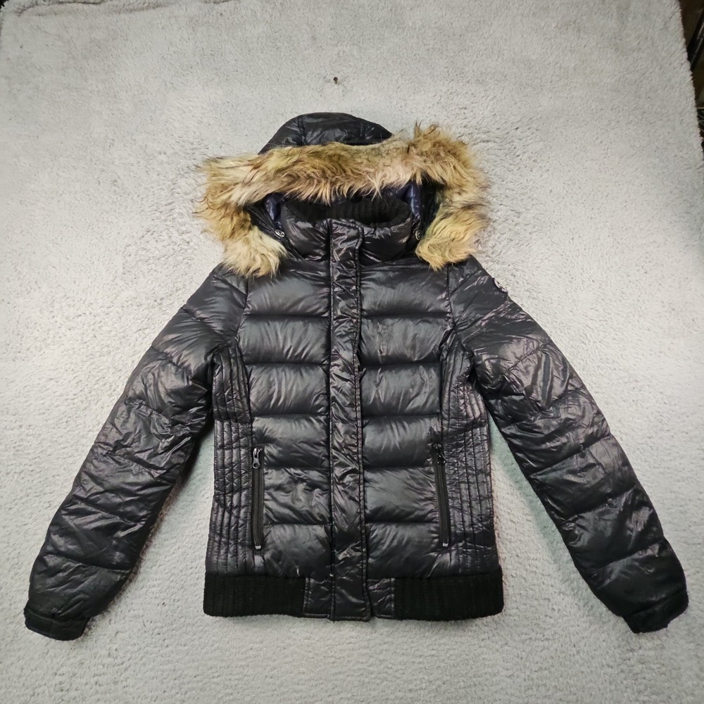 American Eagle Puffer Jacket Womens XS Black Down Quilted Faux Fur Hood Coat Y2K